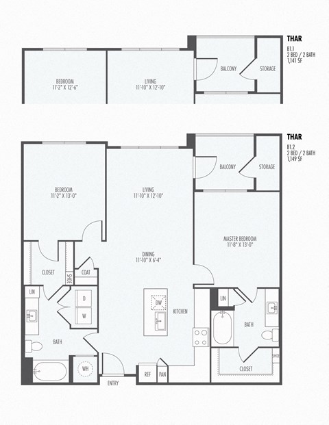 Floor plan for 2 beds, 2 baths, 1149 sqft